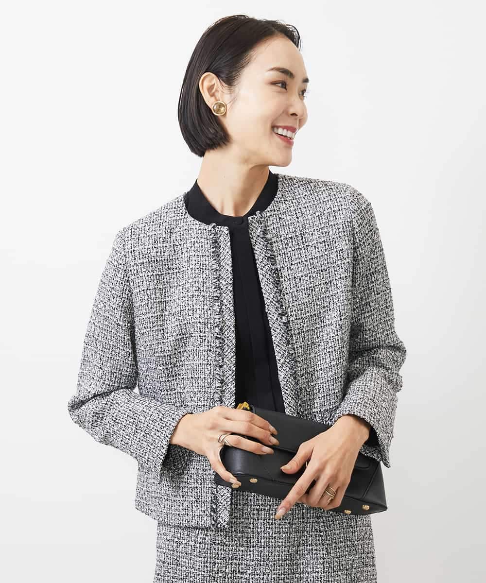 FMDDA01380 MICHEL KLEIN(ミッシェルクラン) ［セットアップ対応/洗える］ノーカラーツイードジャケット グレー