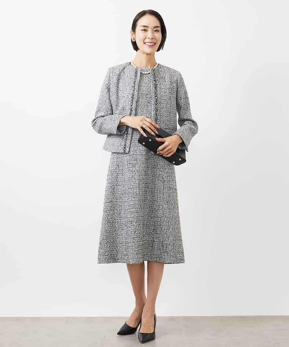 FMDDA01380 MICHEL KLEIN(ミッシェルクラン) ［セットアップ対応/洗える］ノーカラーツイードジャケット グレー