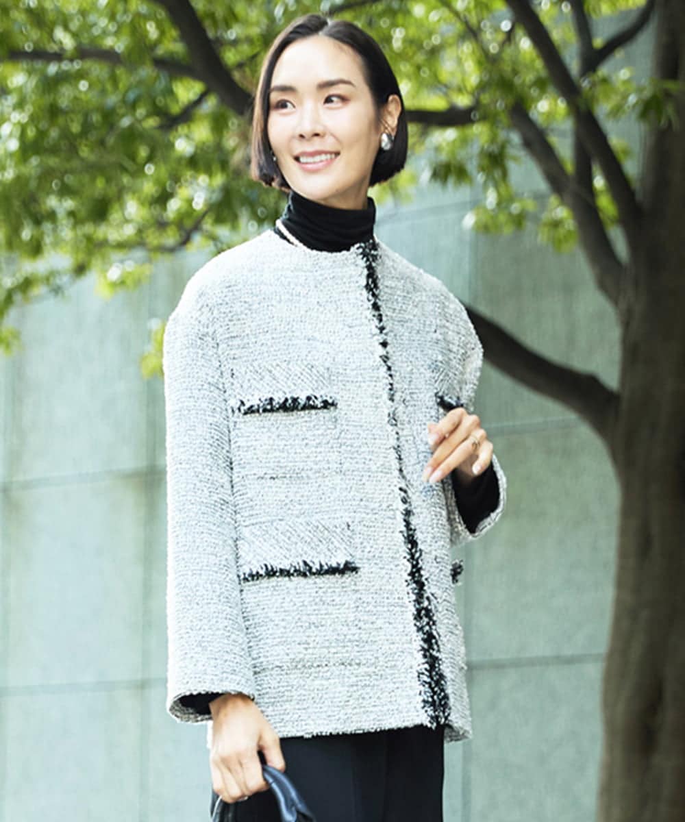 FMDDD03450 MICHEL KLEIN [セットアップ対応]ファンシーツイードロングノーカラージャケット