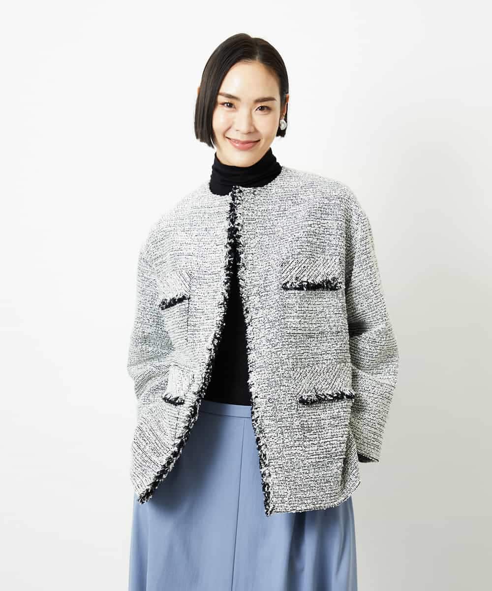 FMDDD03450 MICHEL KLEIN(ミッシェルクラン) [セットアップ対応]ファンシーツイードロングジャケット グレー