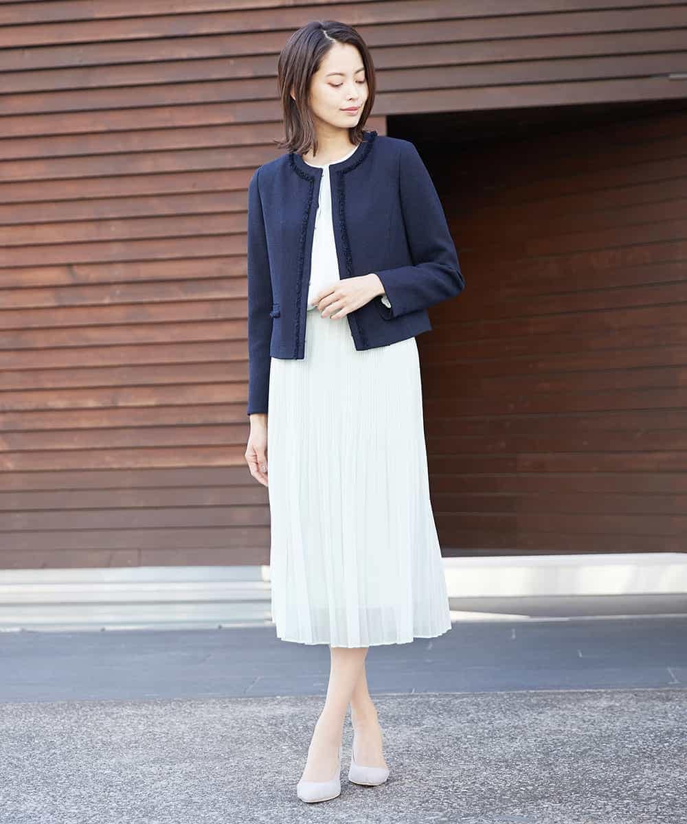 FMDDP05330 MICHEL KLEIN(ミッシェルクラン) ［セットアップ対応/洗える］ノーカラーツイードジャケット ネイビー(57)