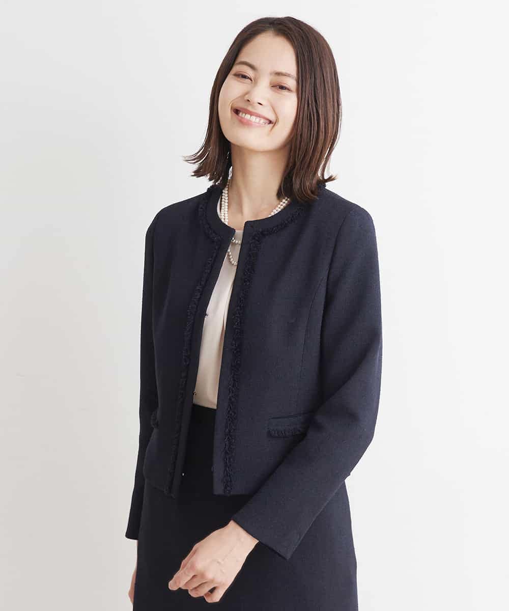 FMDDP05330 MICHEL KLEIN(ミッシェルクラン) ［セットアップ対応/洗える］ノーカラーツイードジャケット ネイビー(57)