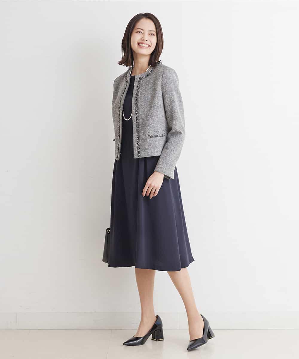 FMDDP05330 MICHEL KLEIN(ミッシェルクラン) ［セットアップ対応/洗える］ノーカラーツイードジャケット ネイビー(57)