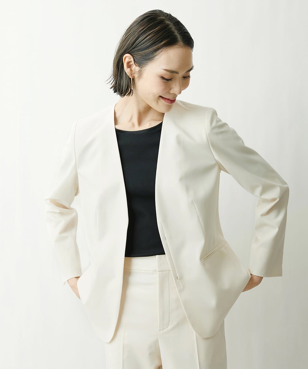 FMDFS19350 MICHEL KLEIN(ミッシェルクラン) [セットアップ対応]ストレッチノーカラージャケット オフホワイト(81)