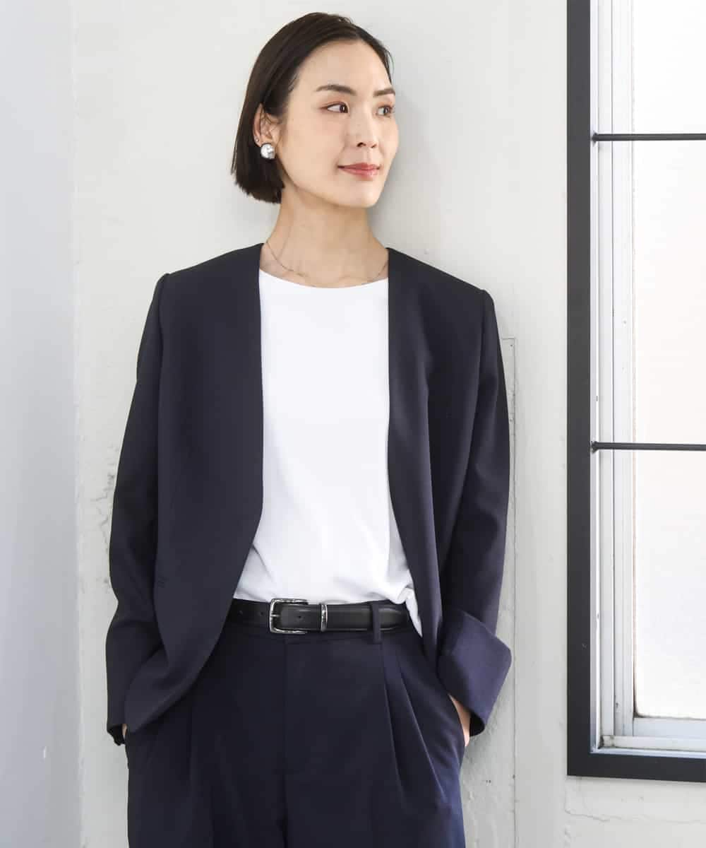 FMDGD05420 MICHEL KLEIN(ミッシェルクラン) [セットアップ対応]ツイードライク　ノーカラージャケット ネイビー