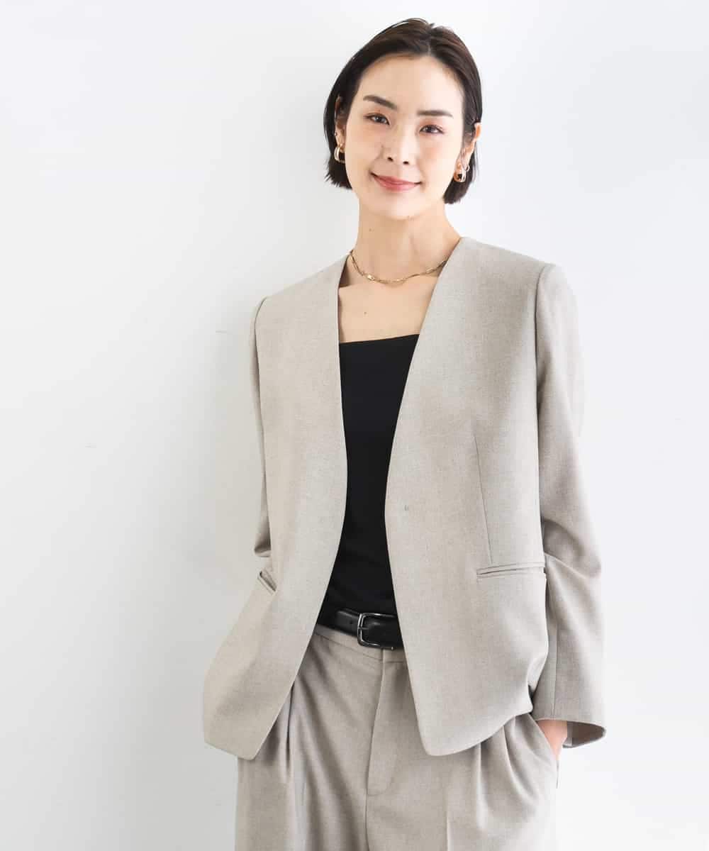 FMDGD05420 MICHEL KLEIN(ミッシェルクラン) [セットアップ対応]ツイードライク　ノーカラージャケット ベージュ