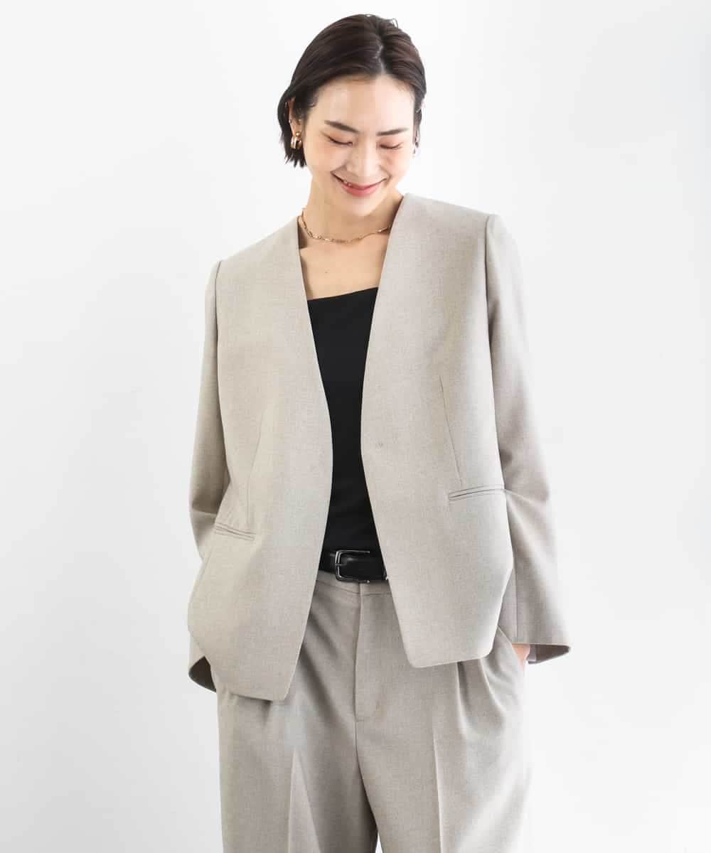 FMDGD05420 MICHEL KLEIN(ミッシェルクラン) [セットアップ対応]ツイードライク　ノーカラージャケット ベージュ