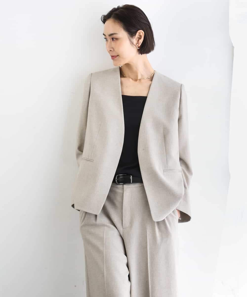 FMDGD05420 MICHEL KLEIN(ミッシェルクラン) [セットアップ対応]ツイードライク　ノーカラージャケット ベージュ