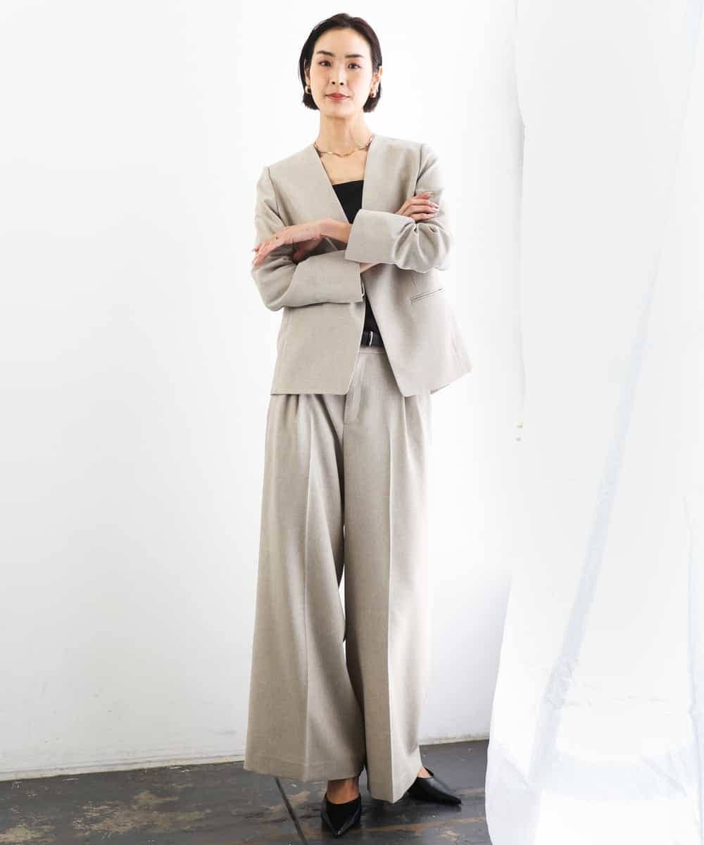 FMDGD05420 MICHEL KLEIN(ミッシェルクラン) [セットアップ対応]ツイードライク　ノーカラージャケット ベージュ