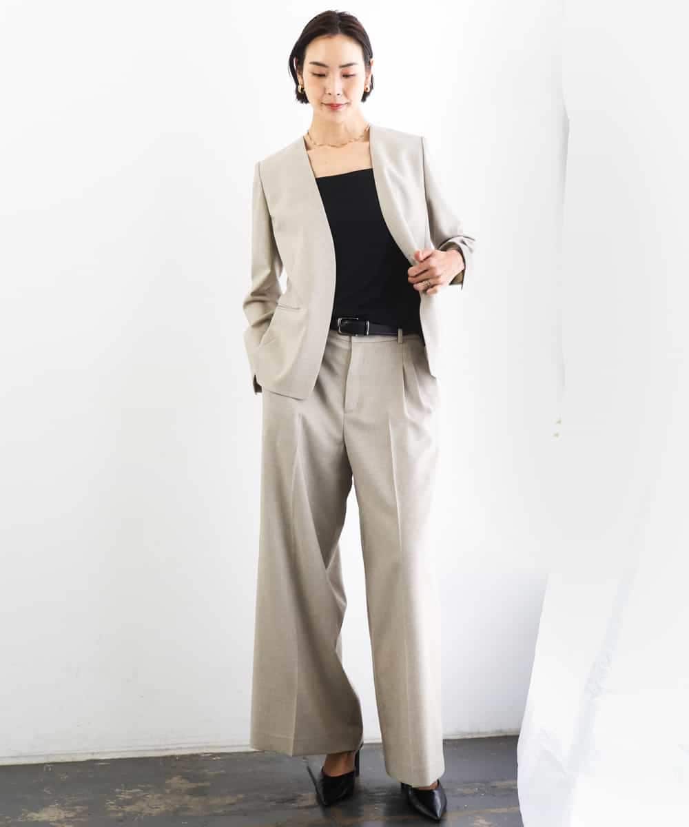 FMDGD05420 MICHEL KLEIN(ミッシェルクラン) [セットアップ対応]ツイードライク　ノーカラージャケット ベージュ