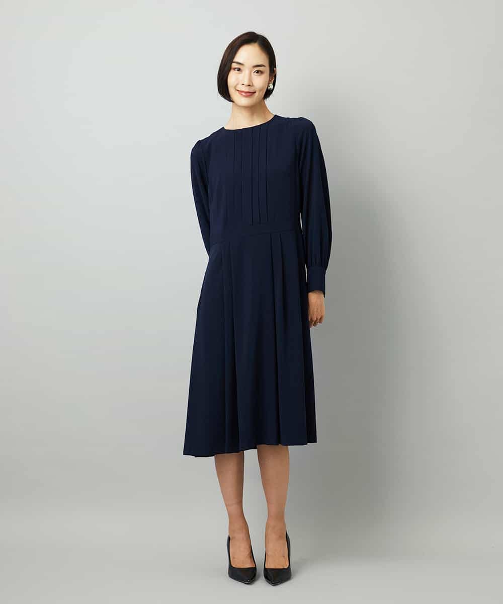 FMEAD06360 MICHEL KLEIN(ミッシェルクラン) ノーカラープリーツワンピース ネイビー