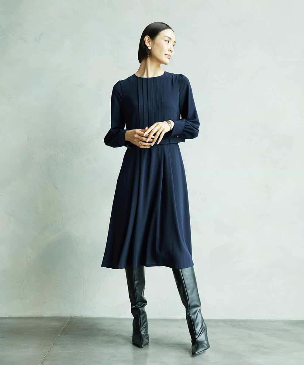 FMEAD06360 MICHEL KLEIN(ミッシェルクラン) ノーカラープリーツワンピース ネイビー