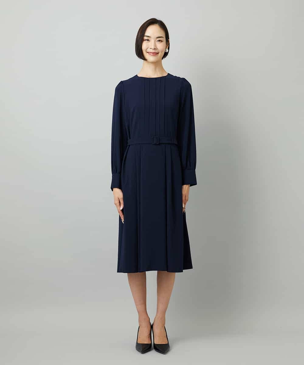 FMEAD06360 MICHEL KLEIN(ミッシェルクラン) ノーカラープリーツワンピース ネイビー