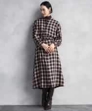 FMEAD11400 MICHEL KLEIN(ミッシェルクラン) バンドカラーチェックシャツワンピース ブラウン