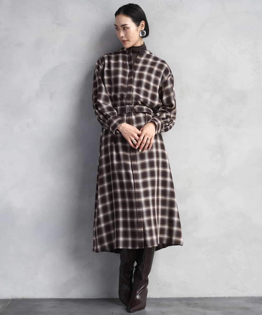 FMEAD11400 MICHEL KLEIN バンドカラーチェックシャツワンピース