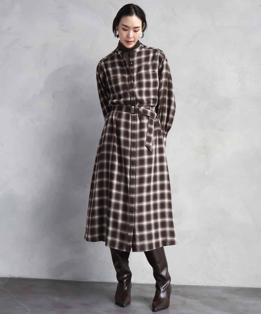 FMEAD11400 MICHEL KLEIN(ミッシェルクラン) バンドカラーチェックシャツワンピース ブラウン