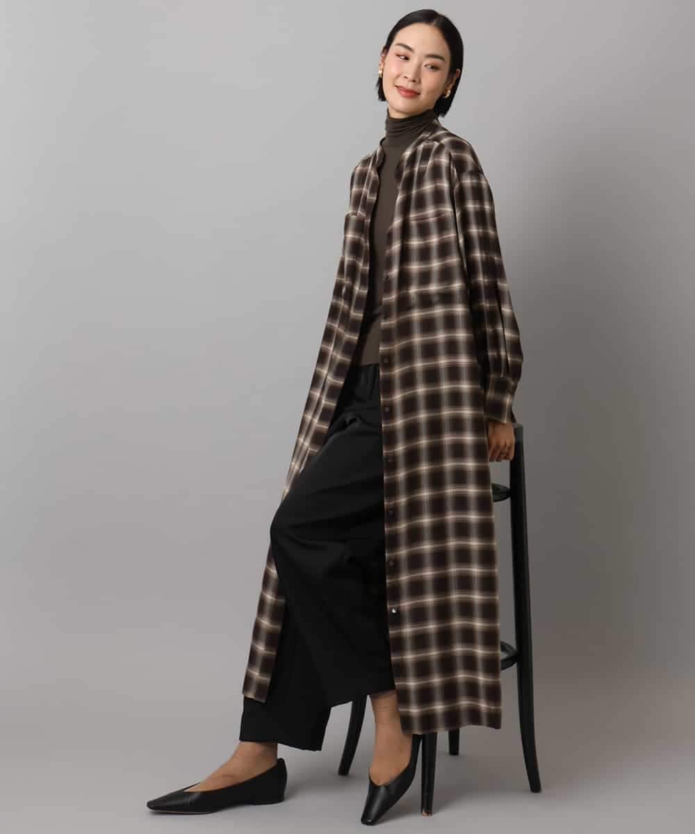 FMEAD11400 MICHEL KLEIN(ミッシェルクラン) バンドカラーチェックシャツワンピース ブラウン