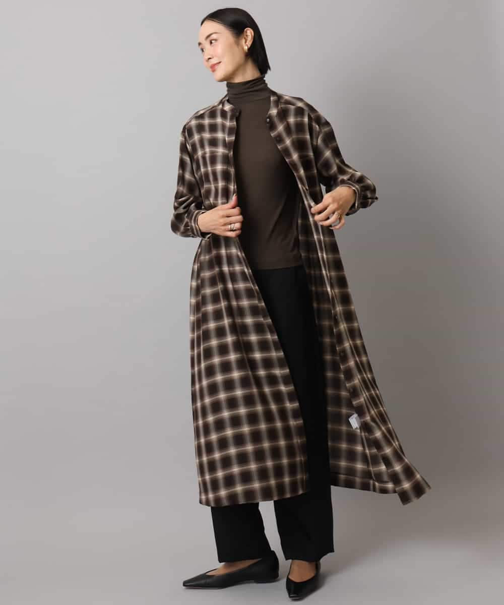 FMEAD11400 MICHEL KLEIN(ミッシェルクラン) バンドカラーチェックシャツワンピース ブラウン