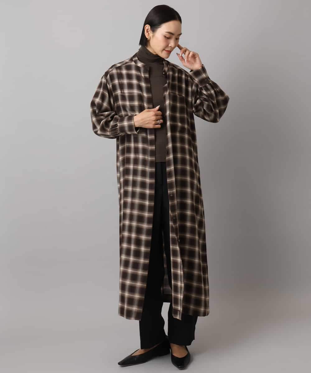 FMEAD11400 MICHEL KLEIN(ミッシェルクラン) バンドカラーチェックシャツワンピース ブラウン