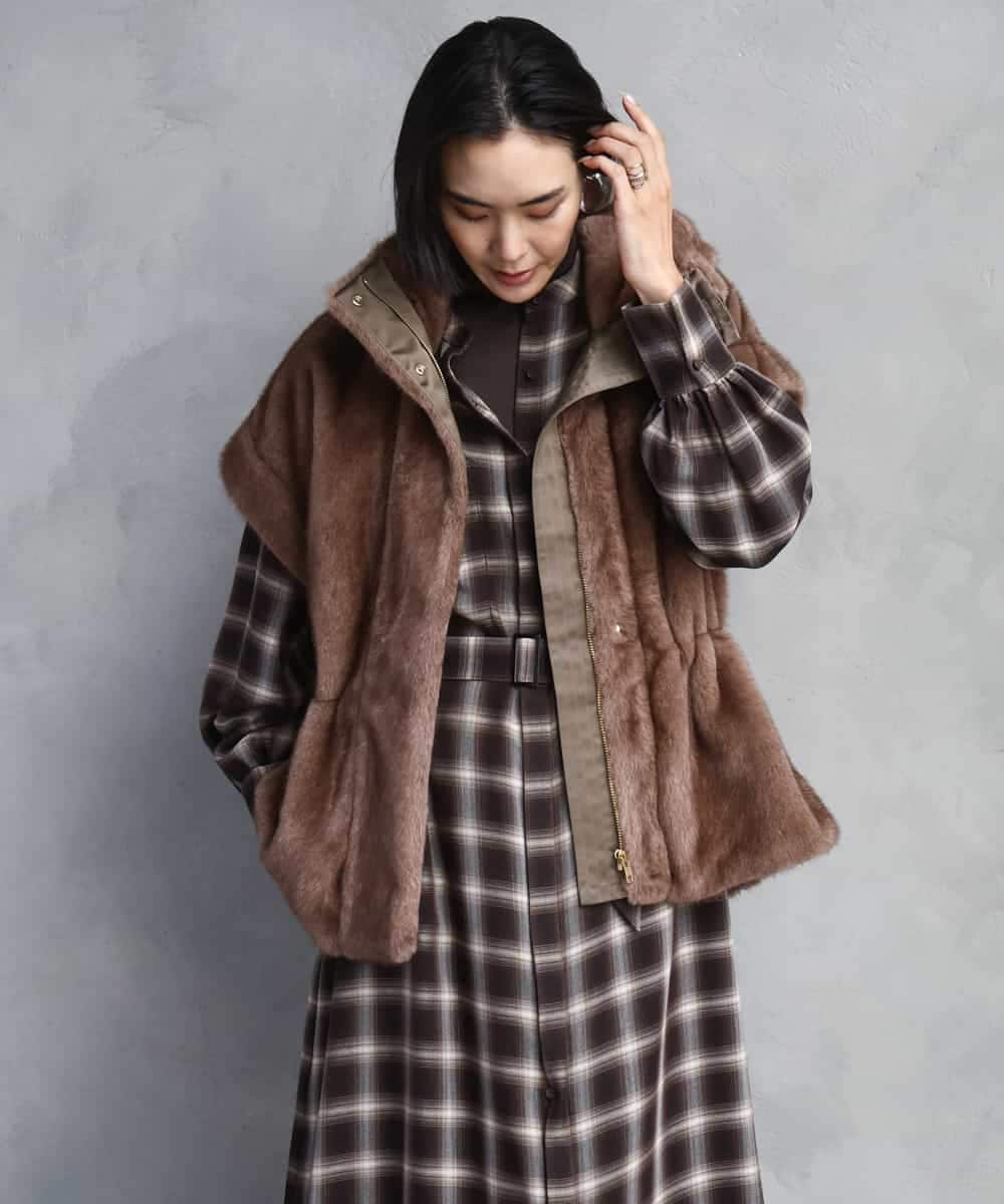 FMEAD11400 MICHEL KLEIN(ミッシェルクラン) バンドカラーチェックシャツワンピース ブラウン