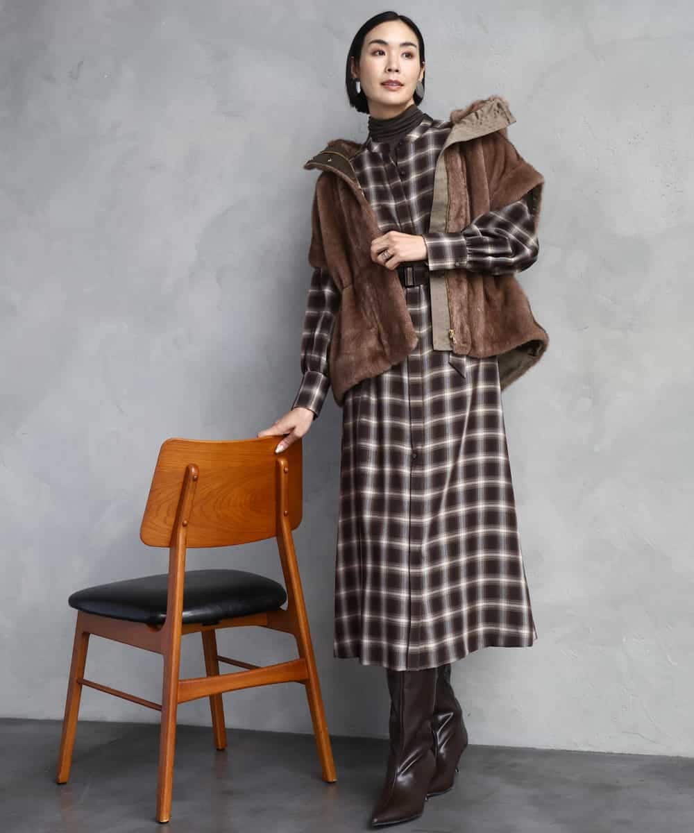 FMEAD11400 MICHEL KLEIN(ミッシェルクラン) バンドカラーチェックシャツワンピース ブラウン