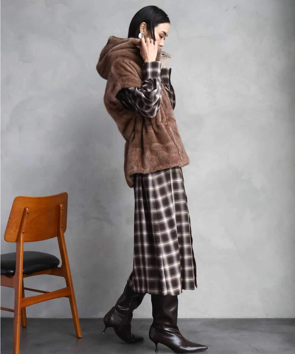 FMEAD11400 MICHEL KLEIN(ミッシェルクラン) バンドカラーチェックシャツワンピース ブラウン