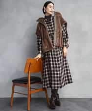 FMEAD11400 MICHEL KLEIN(ミッシェルクラン) バンドカラーチェックシャツワンピース ブラウン