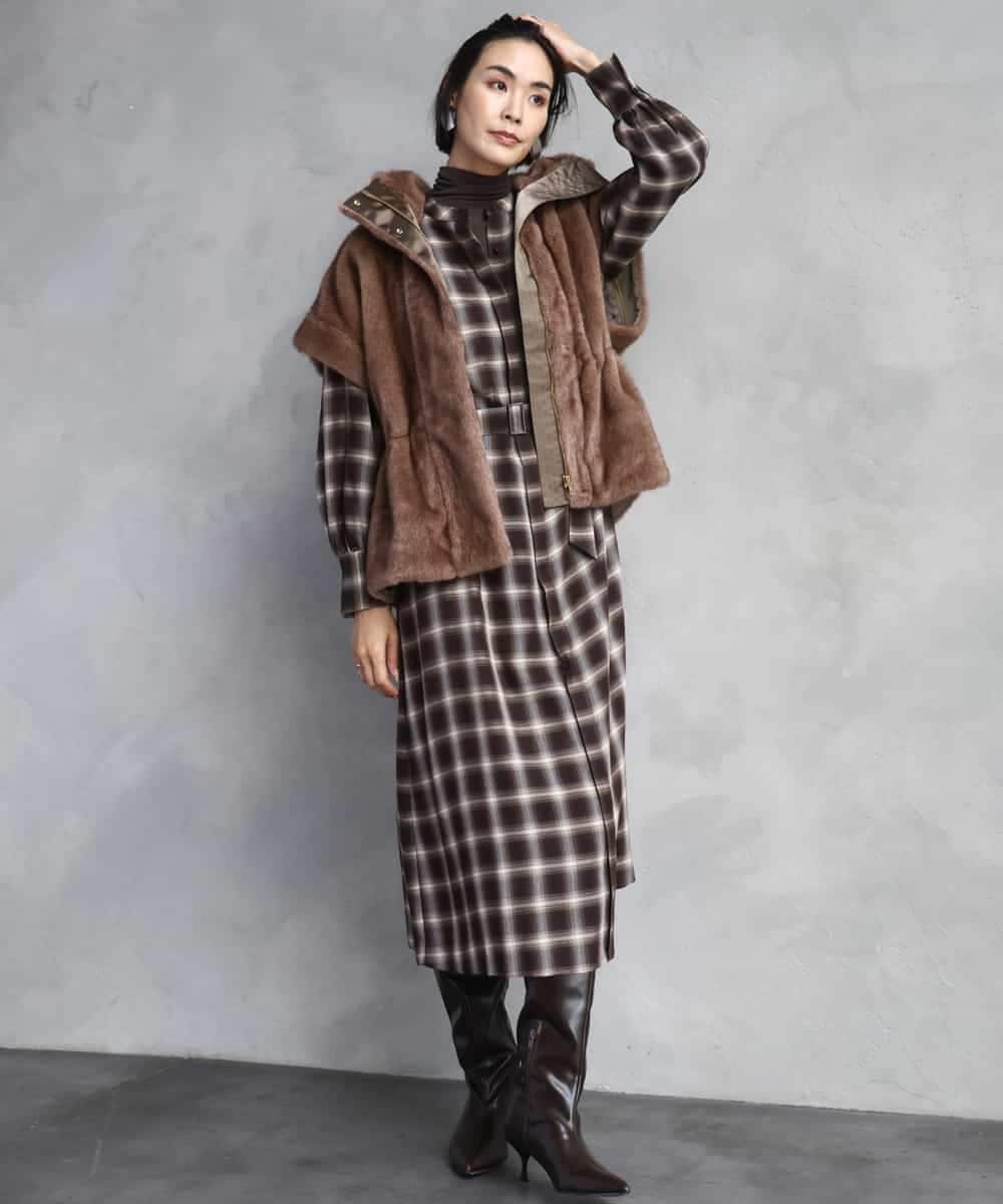 FMEAD11400 MICHEL KLEIN(ミッシェルクラン) バンドカラーチェックシャツワンピース ブラウン