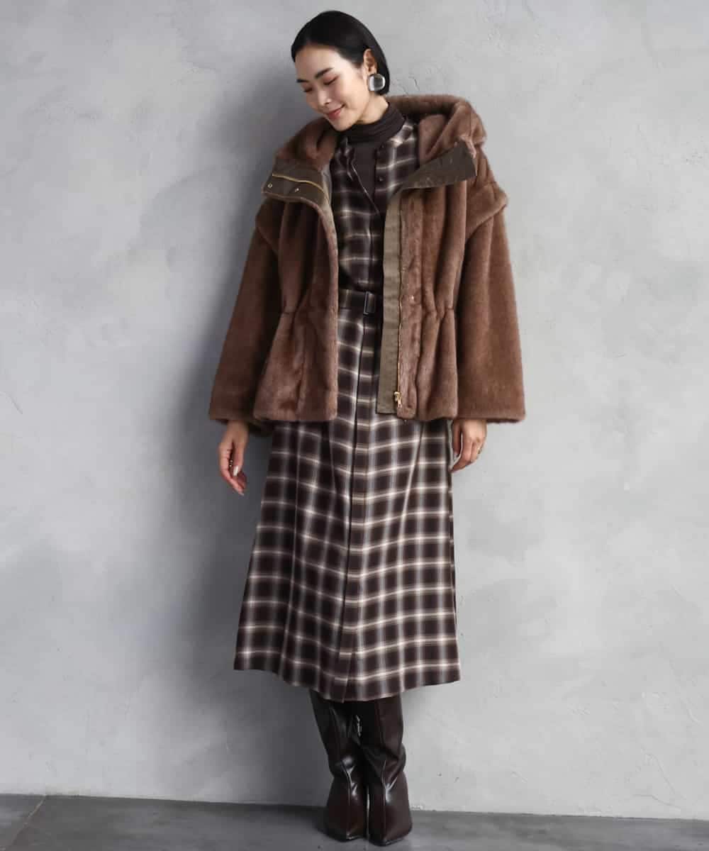 FMEAD11400 MICHEL KLEIN(ミッシェルクラン) バンドカラーチェックシャツワンピース ブラウン