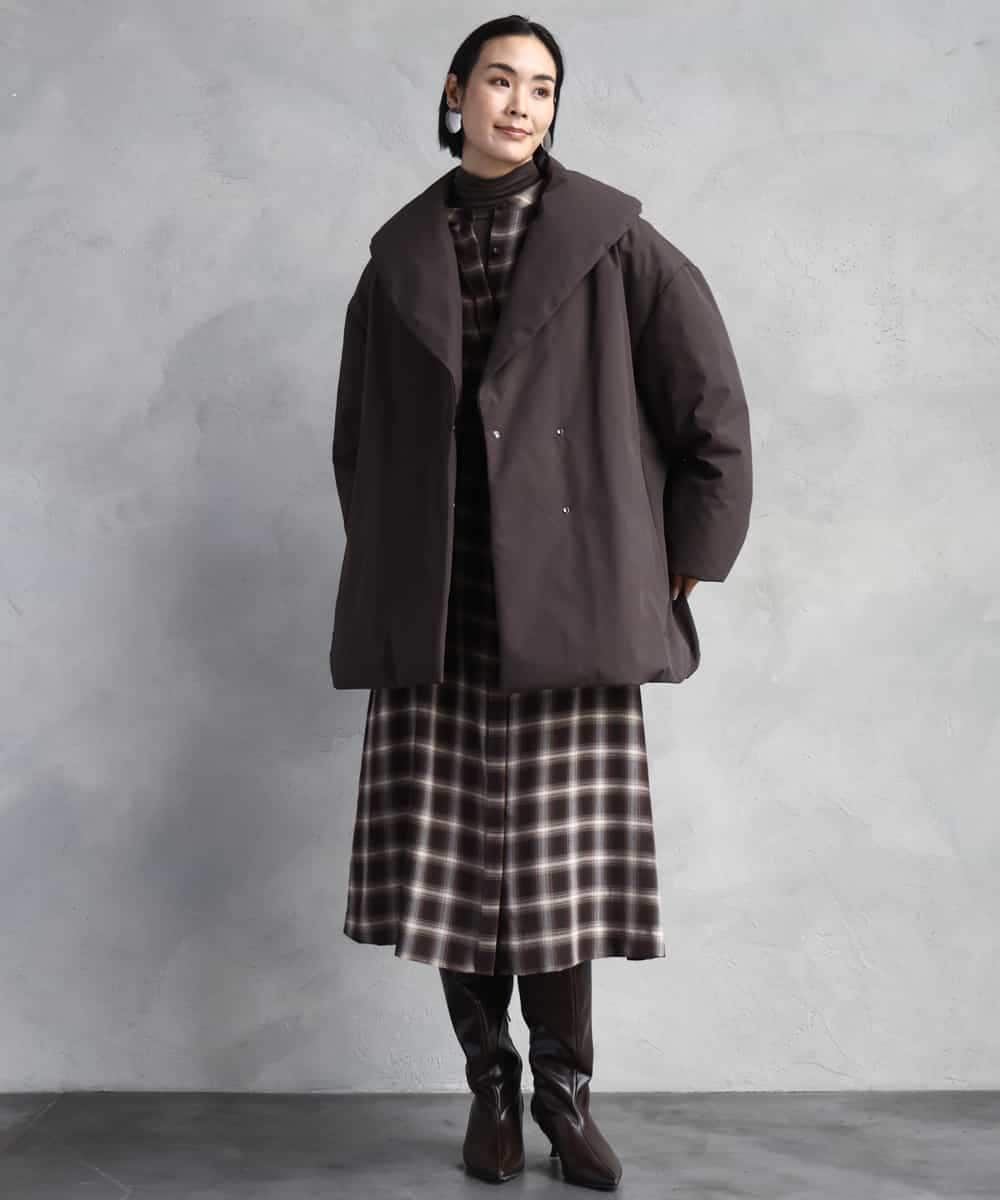 FMEAD11400 MICHEL KLEIN(ミッシェルクラン) バンドカラーチェックシャツワンピース ブラウン