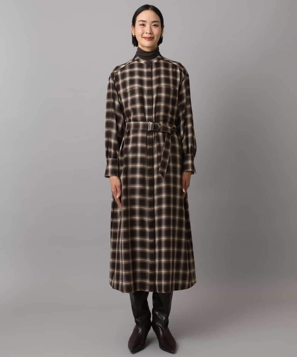 FMEAD11400 MICHEL KLEIN(ミッシェルクラン) バンドカラーチェックシャツワンピース ブラウン