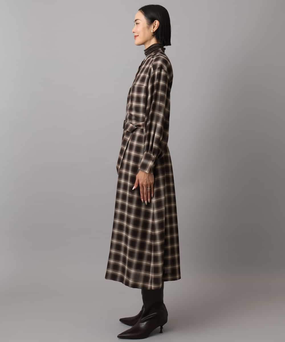 FMEAD11400 MICHEL KLEIN(ミッシェルクラン) バンドカラーチェックシャツワンピース ブラウン