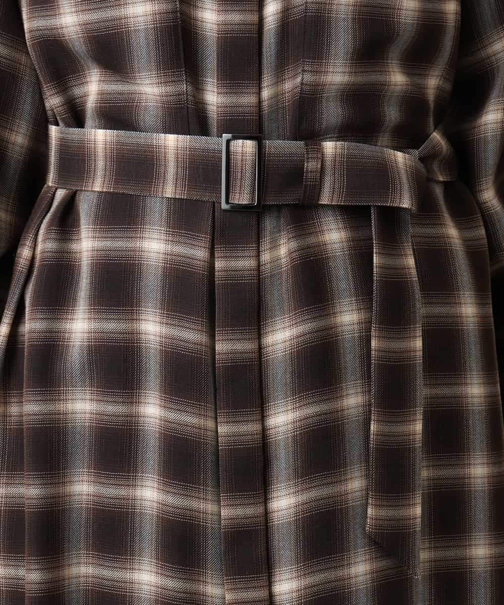 FMEAD11400 MICHEL KLEIN(ミッシェルクラン) バンドカラーチェックシャツワンピース ブラウン