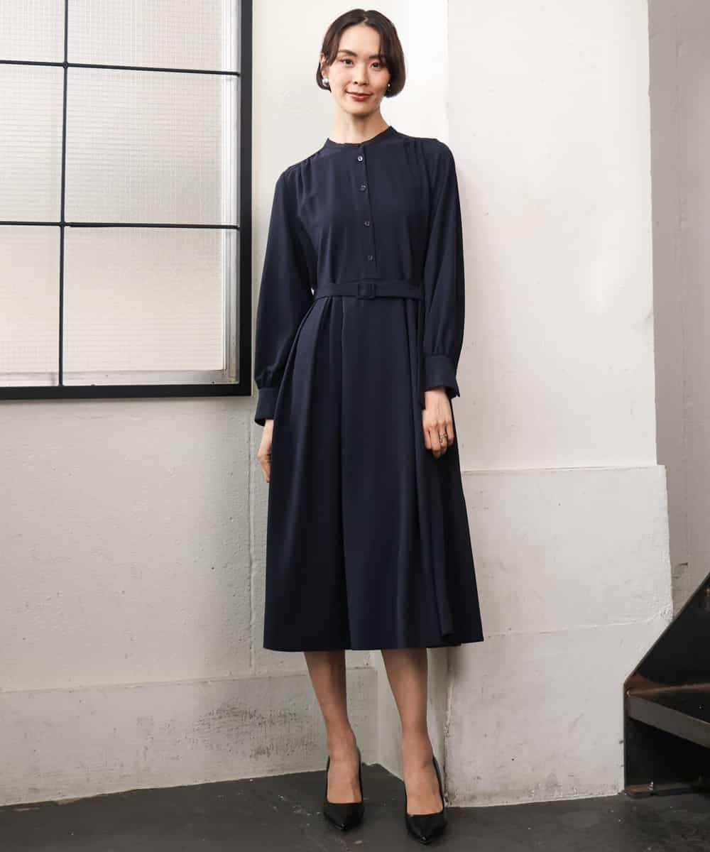 FMEAG04380 MICHEL KLEIN(ミッシェルクラン) タックフレアベルトワンピース ネイビー