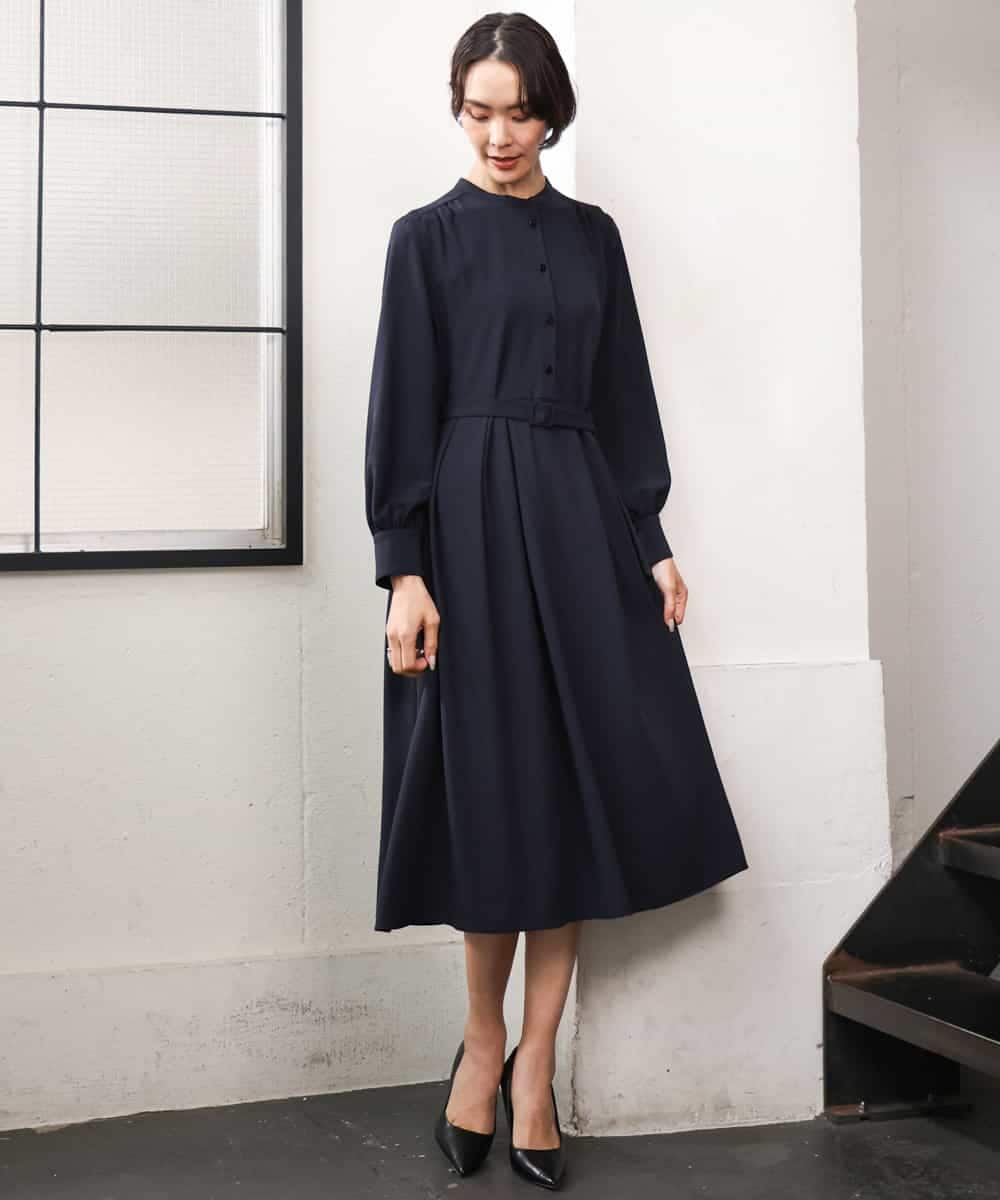 FMEAG04380 MICHEL KLEIN(ミッシェルクラン) タックフレアベルトワンピース ネイビー