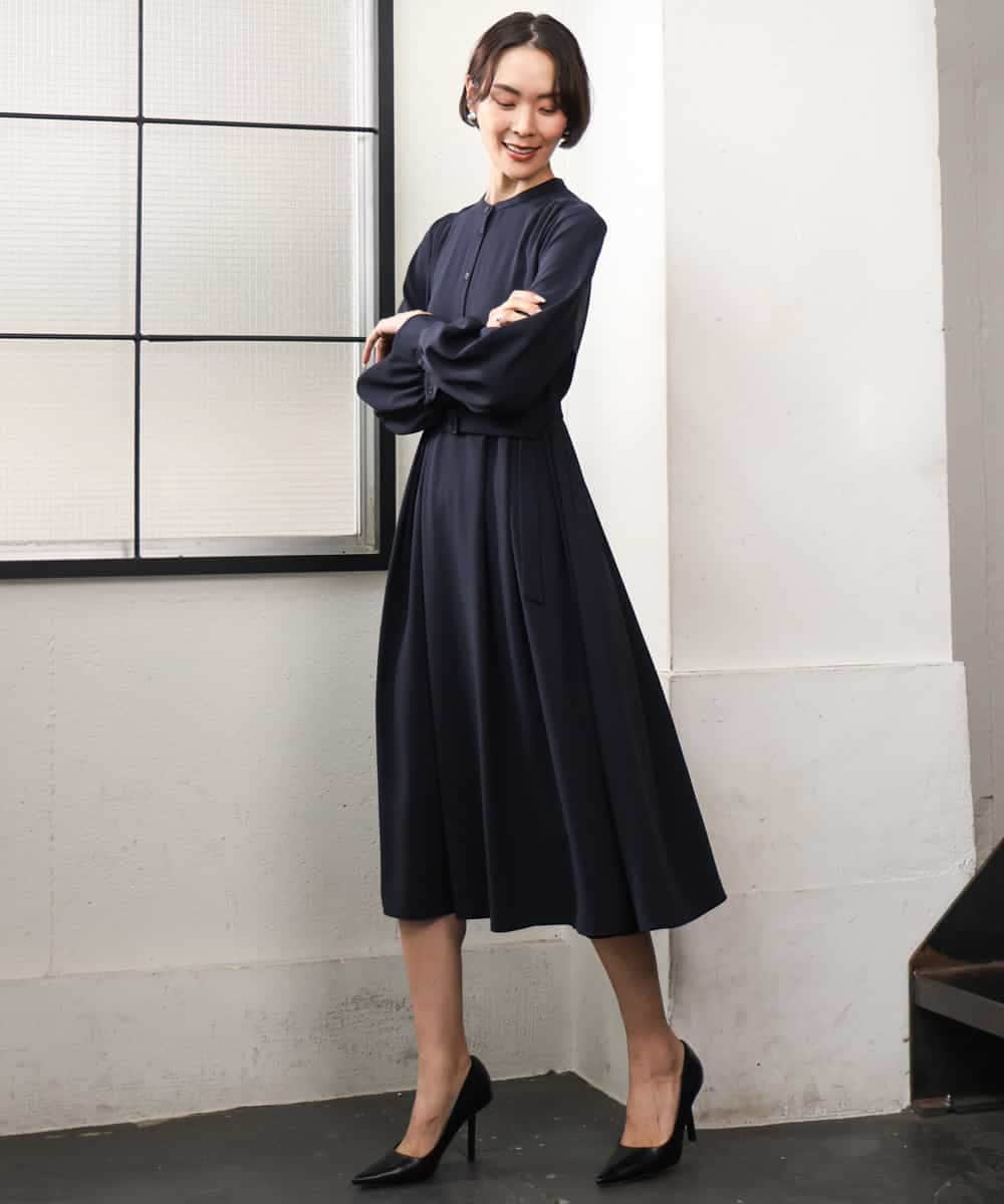 FMEAG04380 MICHEL KLEIN(ミッシェルクラン) タックフレアベルトワンピース ネイビー