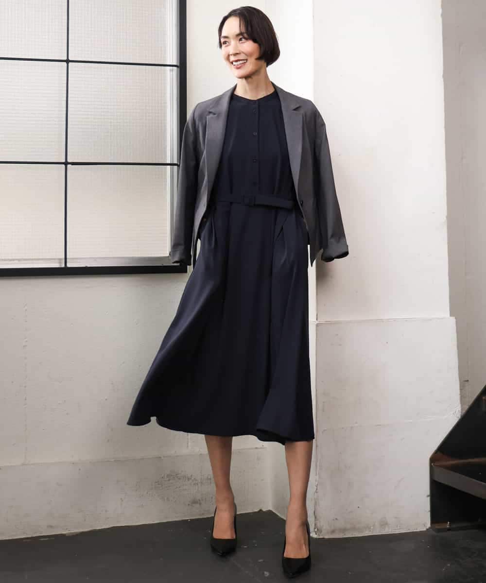 FMEAG04380 MICHEL KLEIN(ミッシェルクラン) タックフレアベルトワンピース ネイビー
