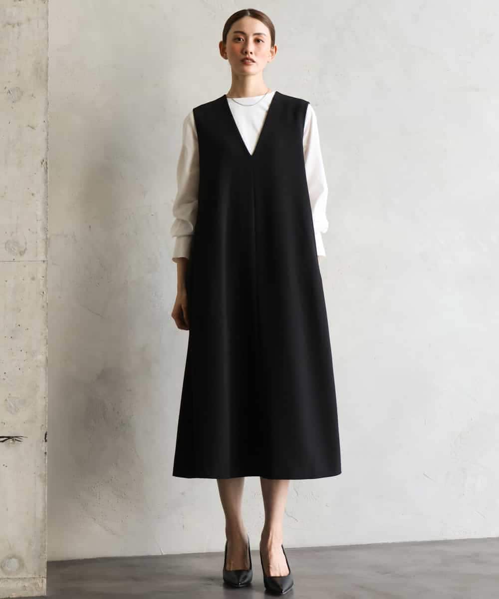 FMEAG23360 MICHEL KLEIN(ミッシェルクラン) [セットアップ対応]Vネックノースリーブワンピース ブラック