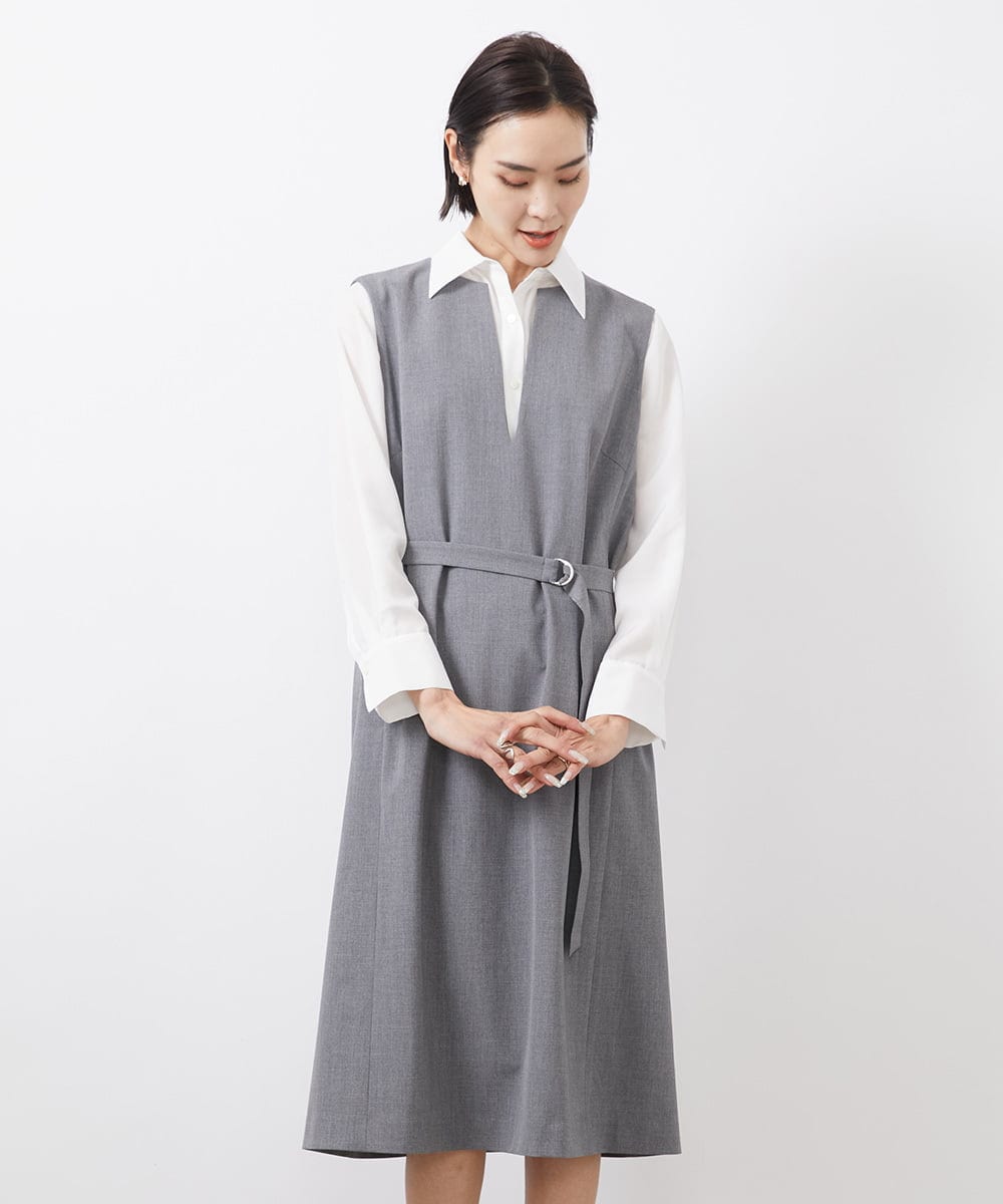 FMEDA06380 MICHEL KLEIN(ミッシェルクラン) キーネックノースリーブワンピース(セットアップ対応) ネイビー
