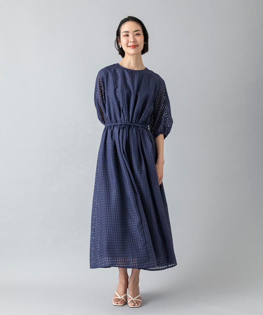 FMEGE13450 MICHEL KLEIN(ミッシェルクラン) シアーチェックジャガードワンピース ネイビー