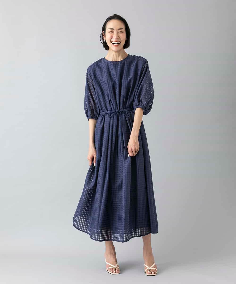FMEGE13450 MICHEL KLEIN(ミッシェルクラン) シアーチェックジャガードワンピース ネイビー