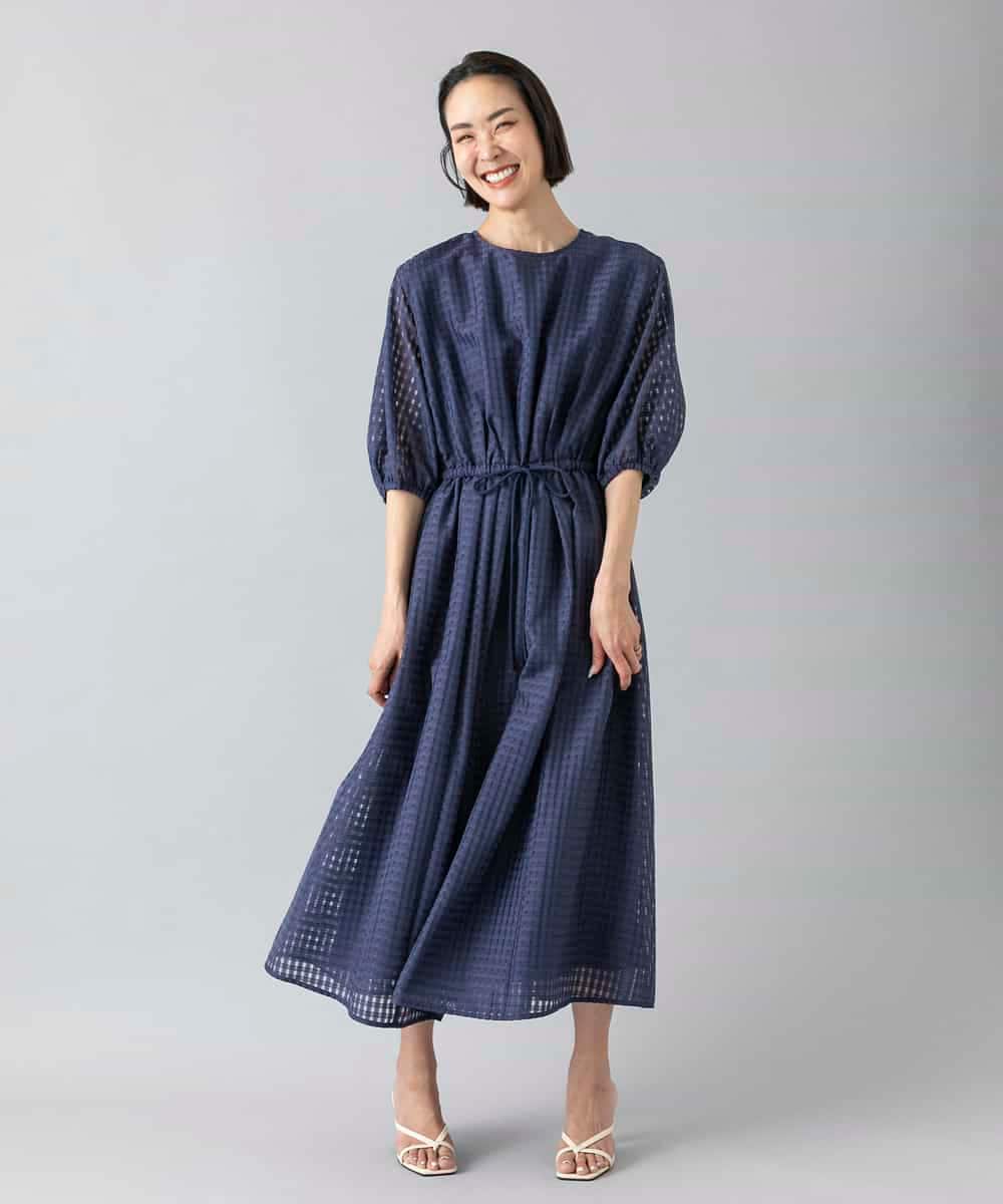 FMEGE13450 MICHEL KLEIN(ミッシェルクラン) シアーチェックジャガードワンピース ネイビー