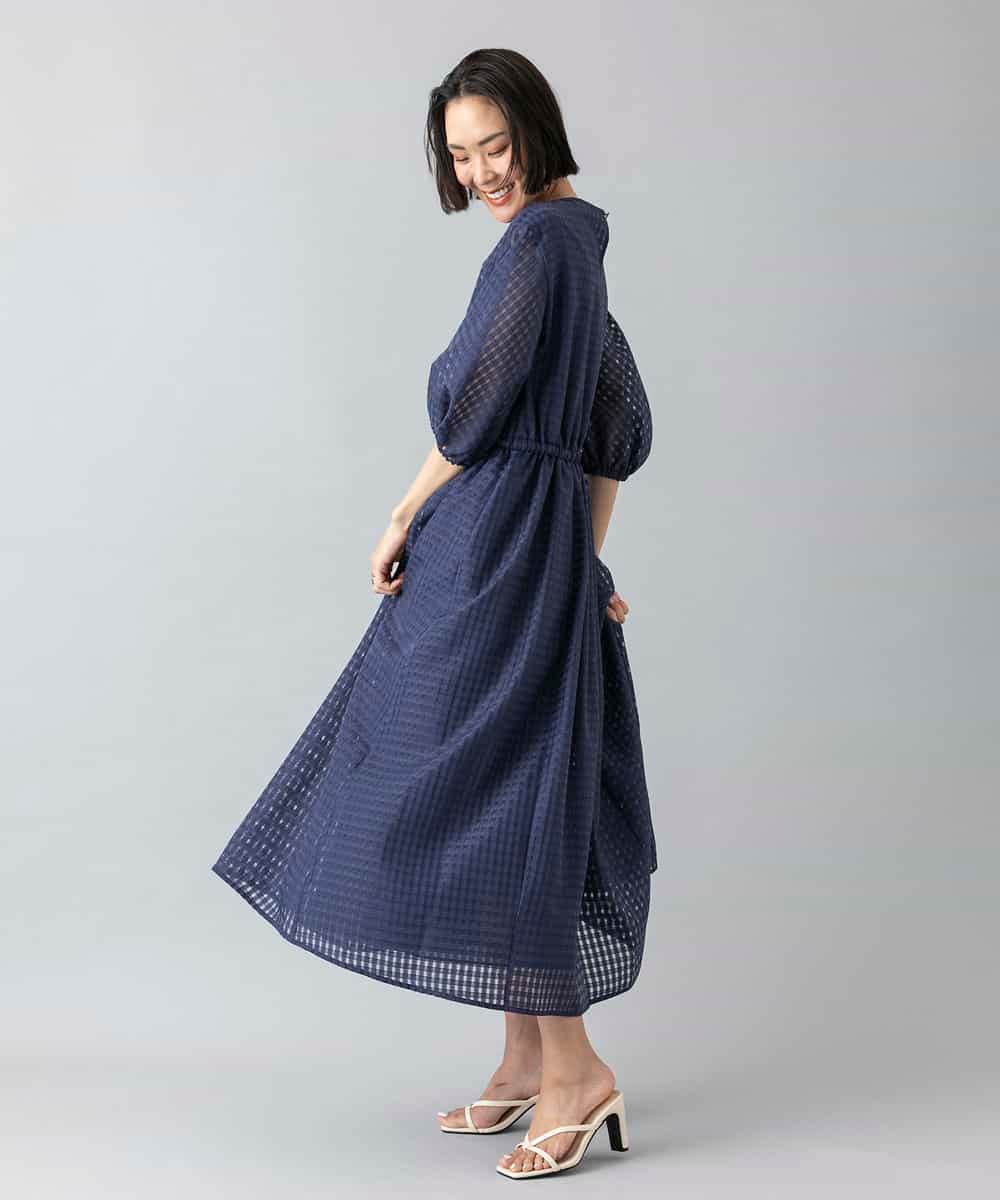 FMEGE13450 MICHEL KLEIN(ミッシェルクラン) シアーチェックジャガードワンピース ネイビー