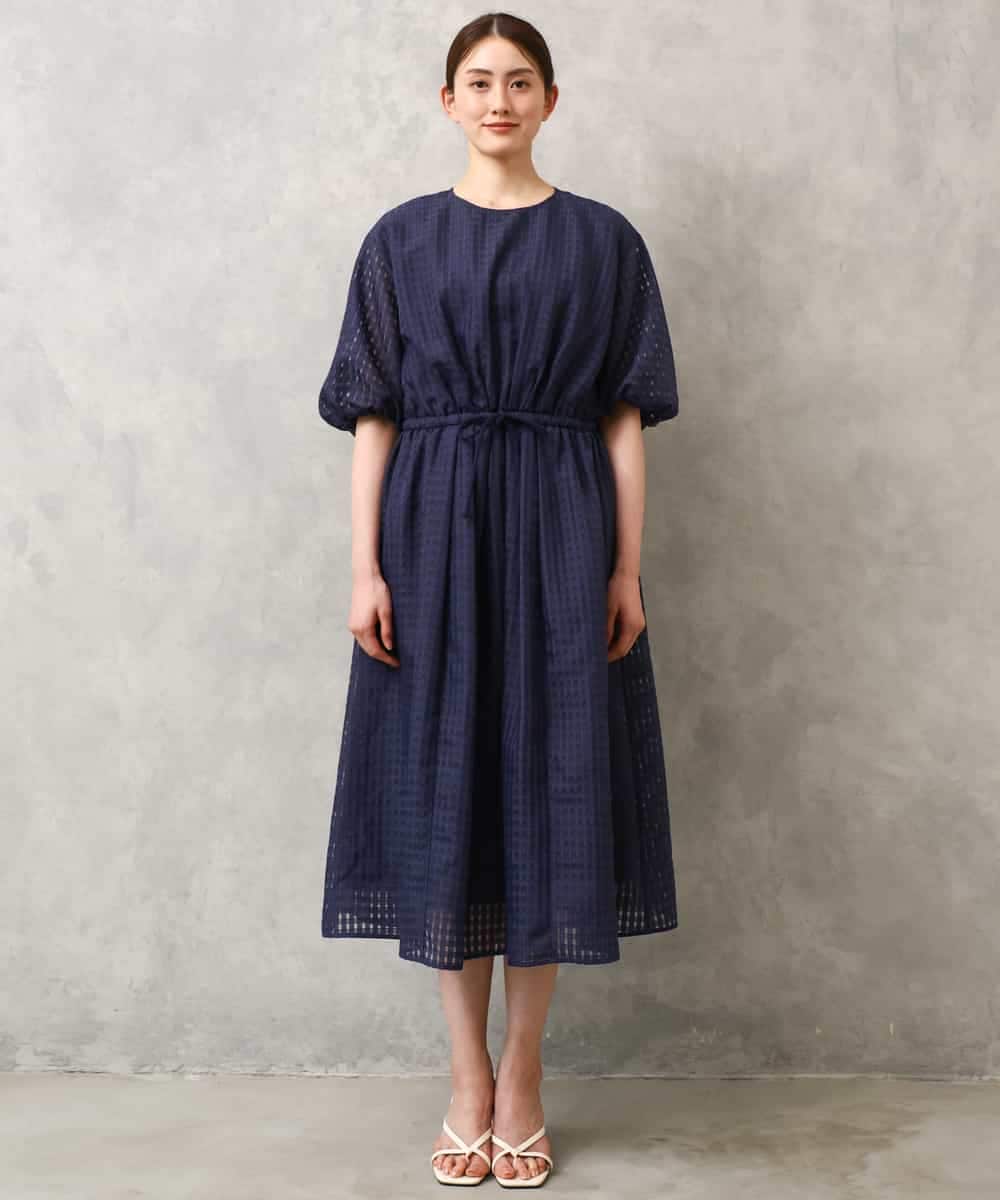 FMEGE13450 MICHEL KLEIN(ミッシェルクラン) シアーチェックジャガードワンピース ネイビー