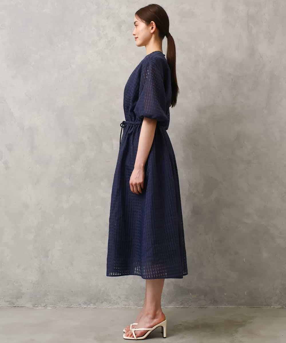 FMEGE13450 MICHEL KLEIN(ミッシェルクラン) シアーチェックジャガードワンピース ネイビー