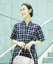 FMEID01370 MICHEL KLEIN(ミッシェルクラン) Vネックフレアワンピース ネイビー
