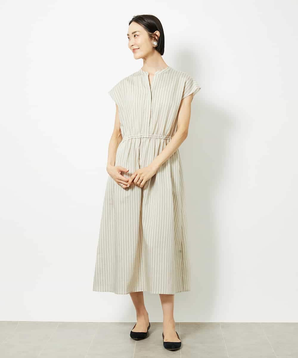 FMEJB02270 MICHEL KLEIN(ミッシェルクラン) ストライプギャザーワンピース ベージュ