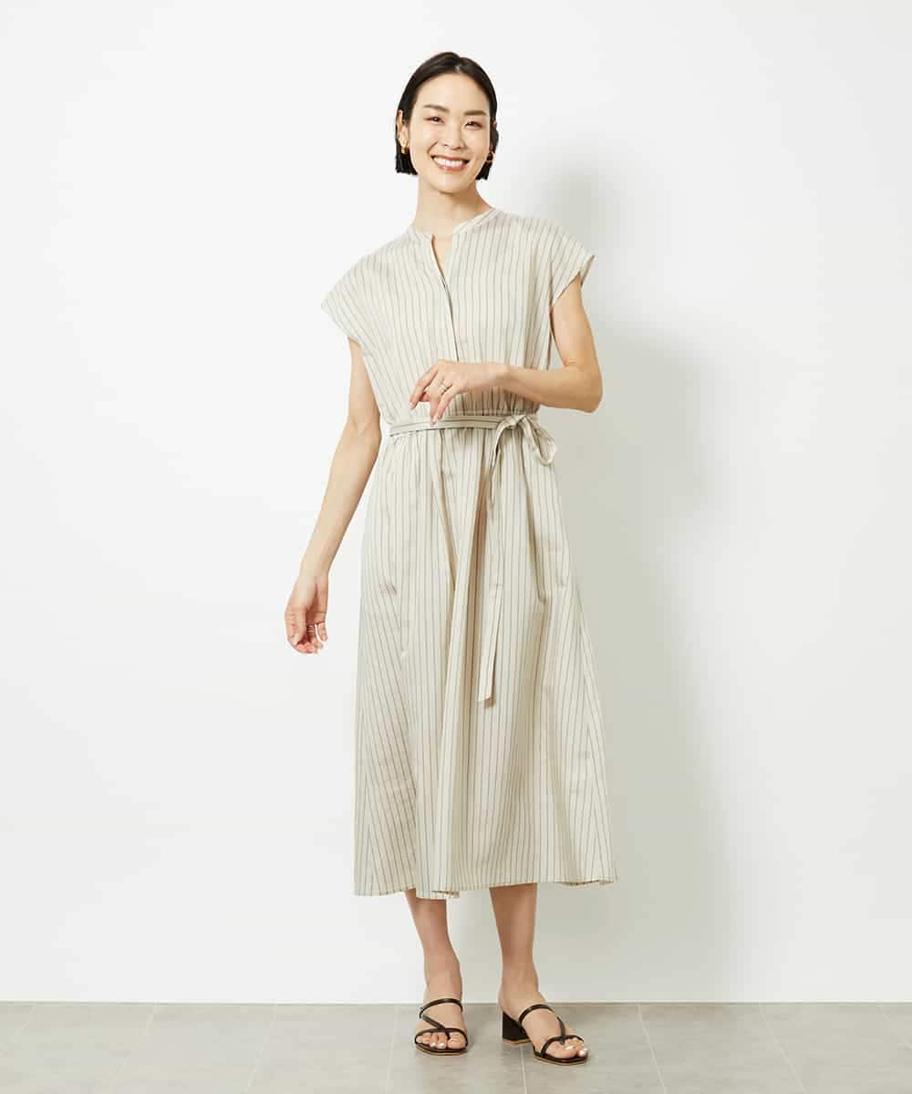 FMEJB02270 MICHEL KLEIN(ミッシェルクラン) ストライプギャザーワンピース ベージュ