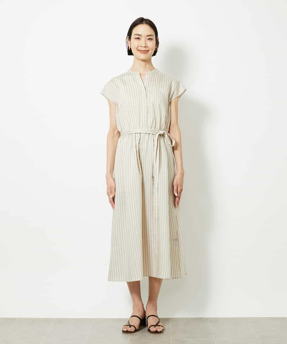 FMEJB02270 MICHEL KLEIN(ミッシェルクラン) ストライプギャザーワンピース ベージュ