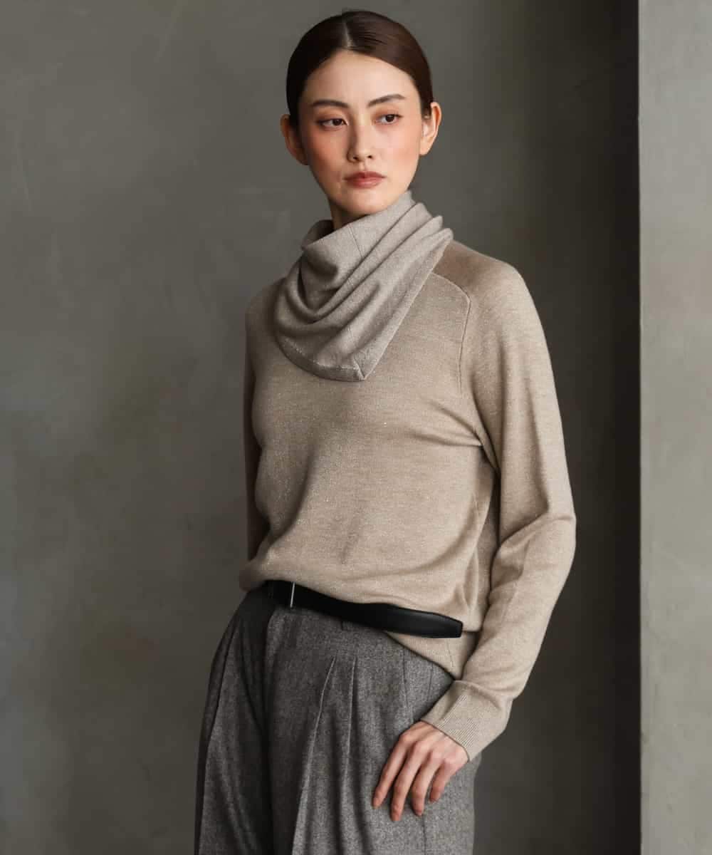 FMFAG40260 MICHEL KLEIN(ミッシェルクラン) スパンコールラメスカーフ付きニット ブラウン